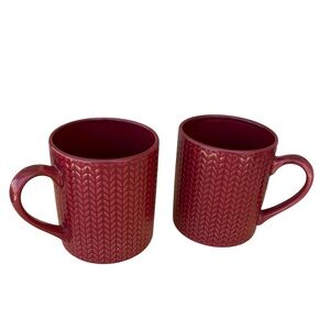 DesignPac Set 2 Crimson Glaze Ceramic Embossed Cable Knit Texture Coffee Tea Mug